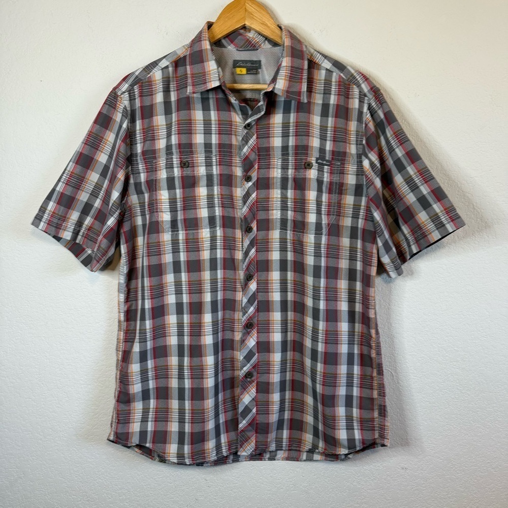 Eddie Bauer Red Gray Plaid Short Sleeve Lightweight Button Front Shit Sz Medium
